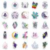 A collection of decorative stickers featuring various crystal and witch themed designs for laptops and water bottles.