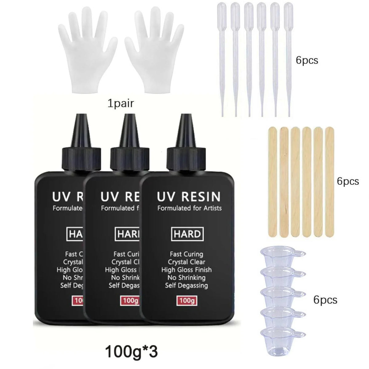 A set of UV resin curing products including hands, vials, and resin bottles for jewelry making.