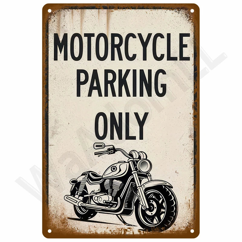 A vintage metal sign with black text that reads Motorcycle Parking Only and features a silhouette of a motorcycle.