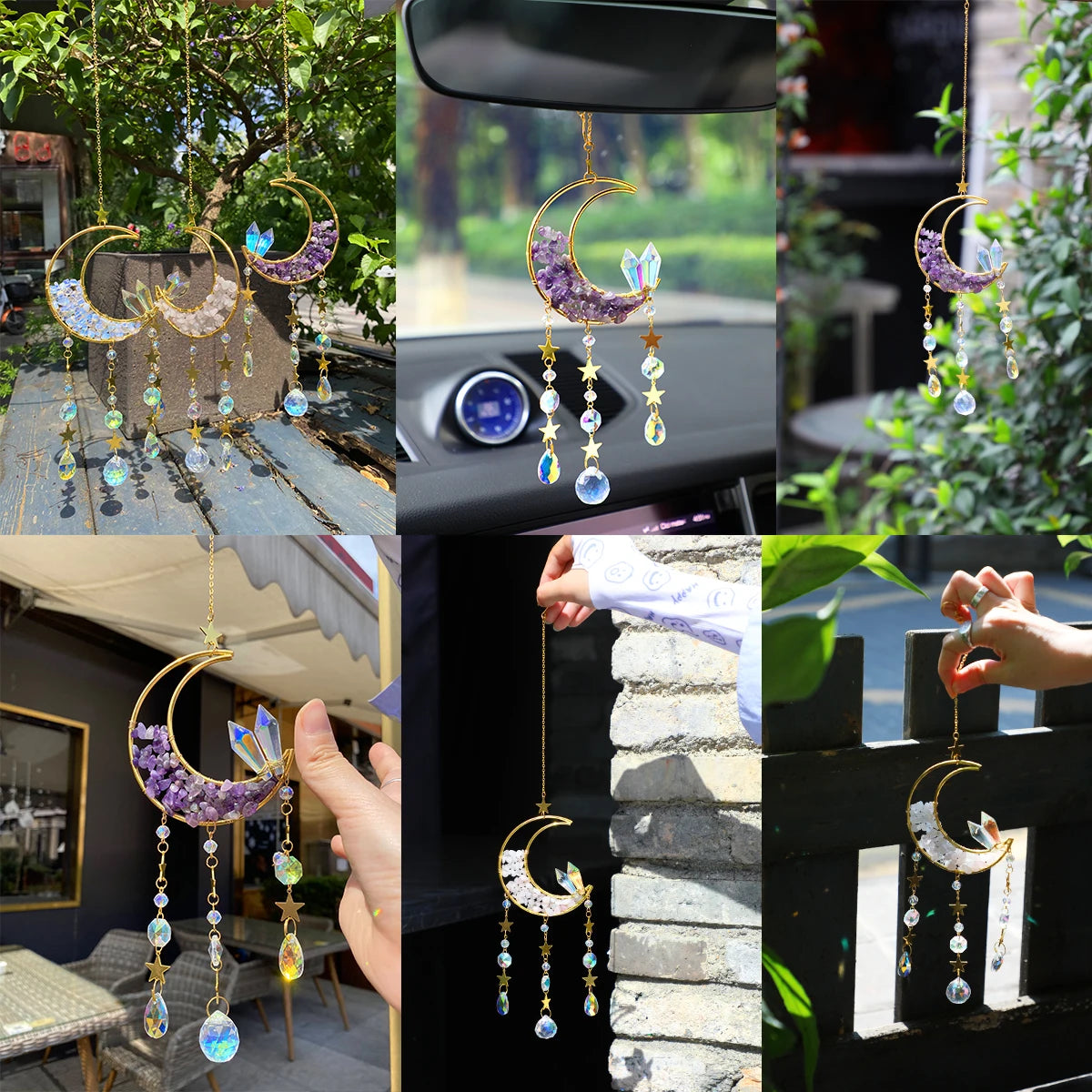 Handcrafted moon crystal suncatcher with prism pendant featuring purple and clear crystals.