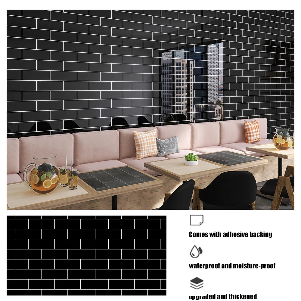 A modern living room featuring a pink sofa and a dark tiled wall with a rectangular marble pattern self-adhesive backsplash p