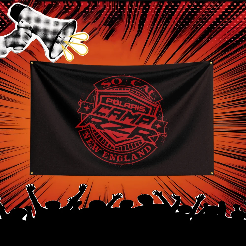 A black banner featuring the Polaris Camp Rzr logo with a bright orange sunburst background.