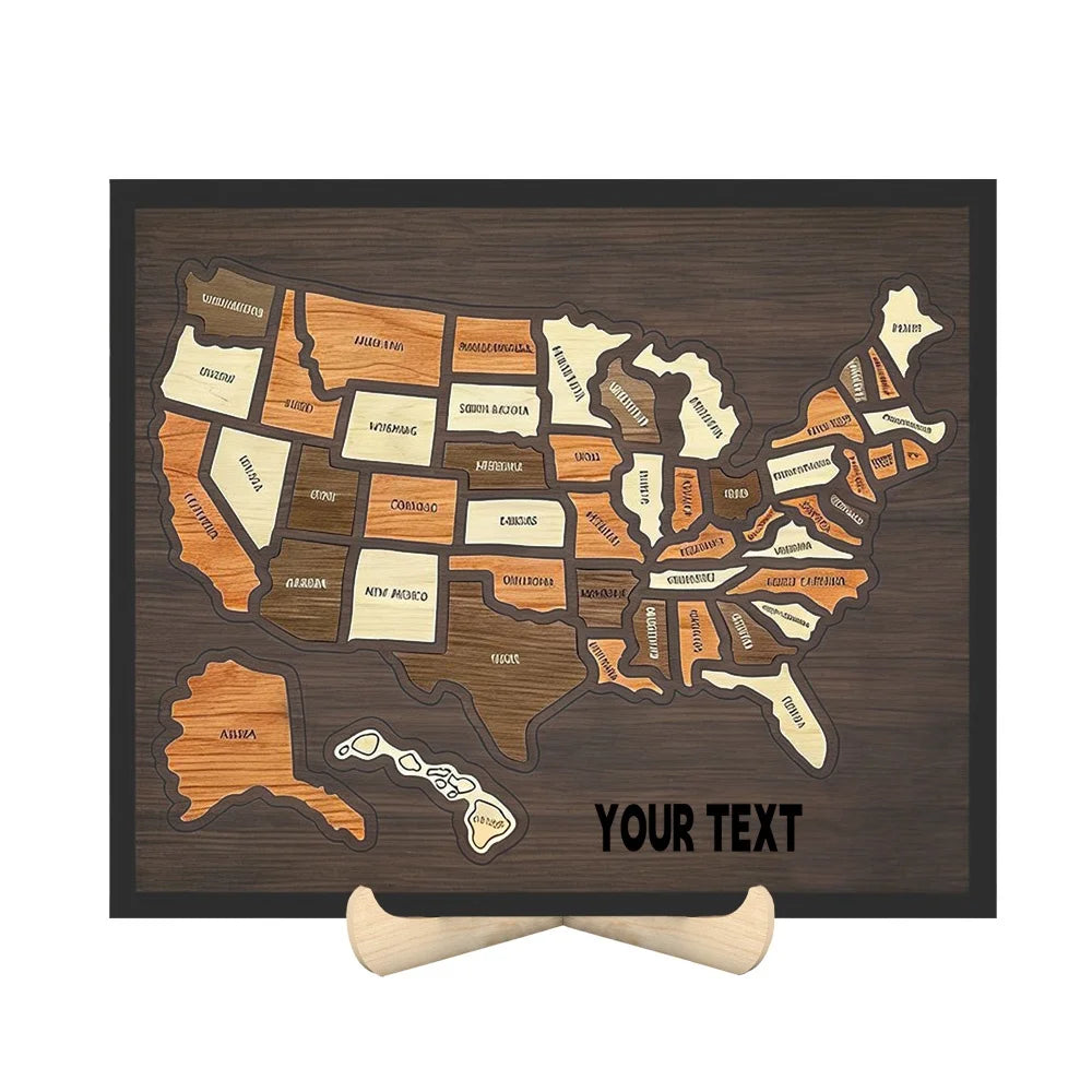A custom engraved wooden USA travel map puzzle featuring the states and regions.
