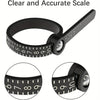 A black adjustable ring sizer with a clear and accurate scale, shown in various views.
