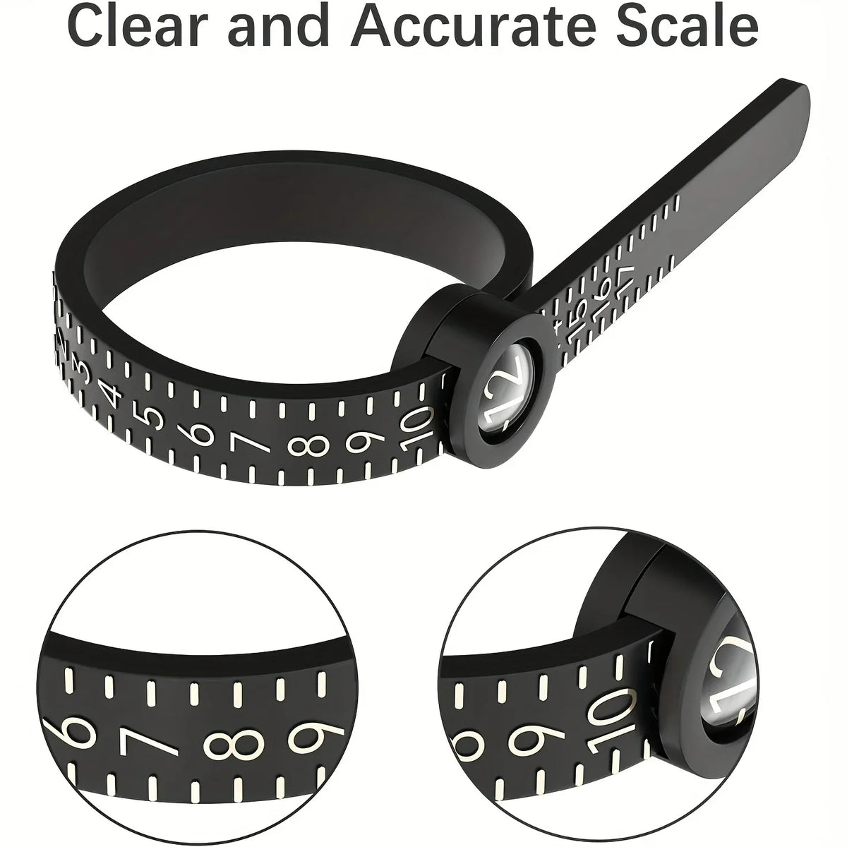A black adjustable ring sizer with a clear and accurate scale, shown in various views.