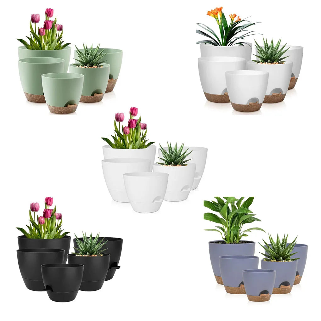 A set of five self-watering flower pots for indoor plants in various shades of green and gray.