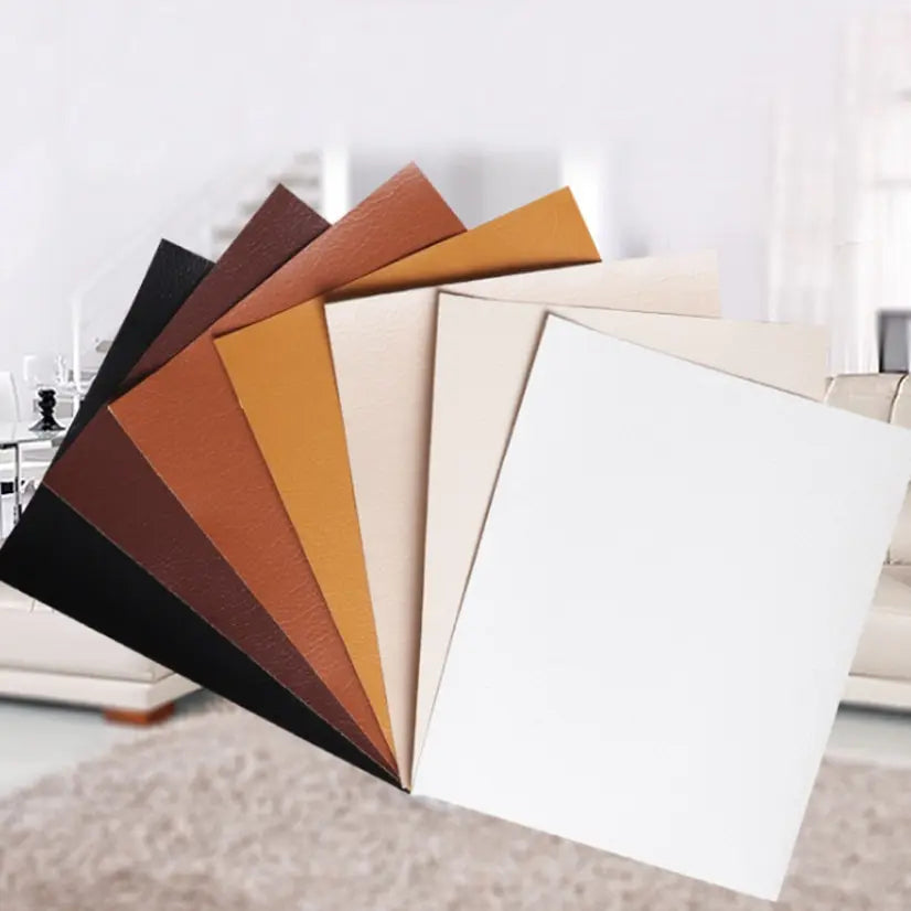 A collection of self-adhesive PU leather furniture repair patches in various shades of brown and tan.