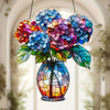 A colorful acrylic floral pendant featuring a bouquet of multi-hued flowers in a glass vase, suspended by a chain.