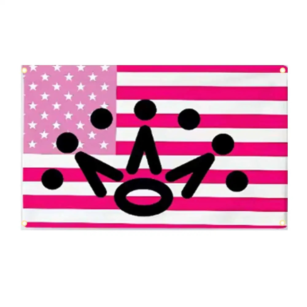A banner featuring a pink and white striped flag design with black silhouettes of people and a crown.