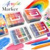 A collection of acrylic marker pens in various colors and shades arranged in clear plastic containers.