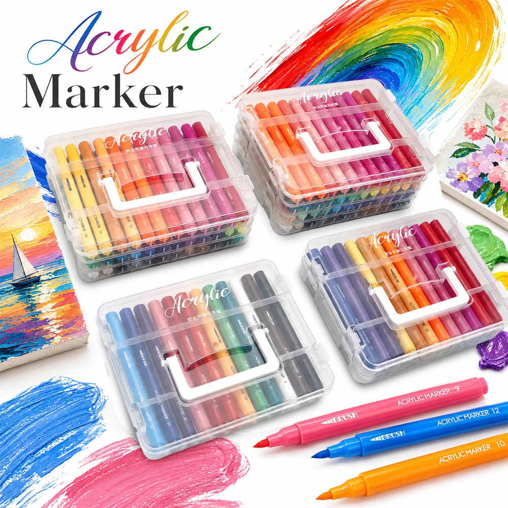 A collection of acrylic marker pens in various colors and shades arranged in clear plastic containers.