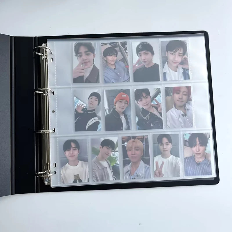 A black photo card binder displaying multiple photos of K-Pop idols.