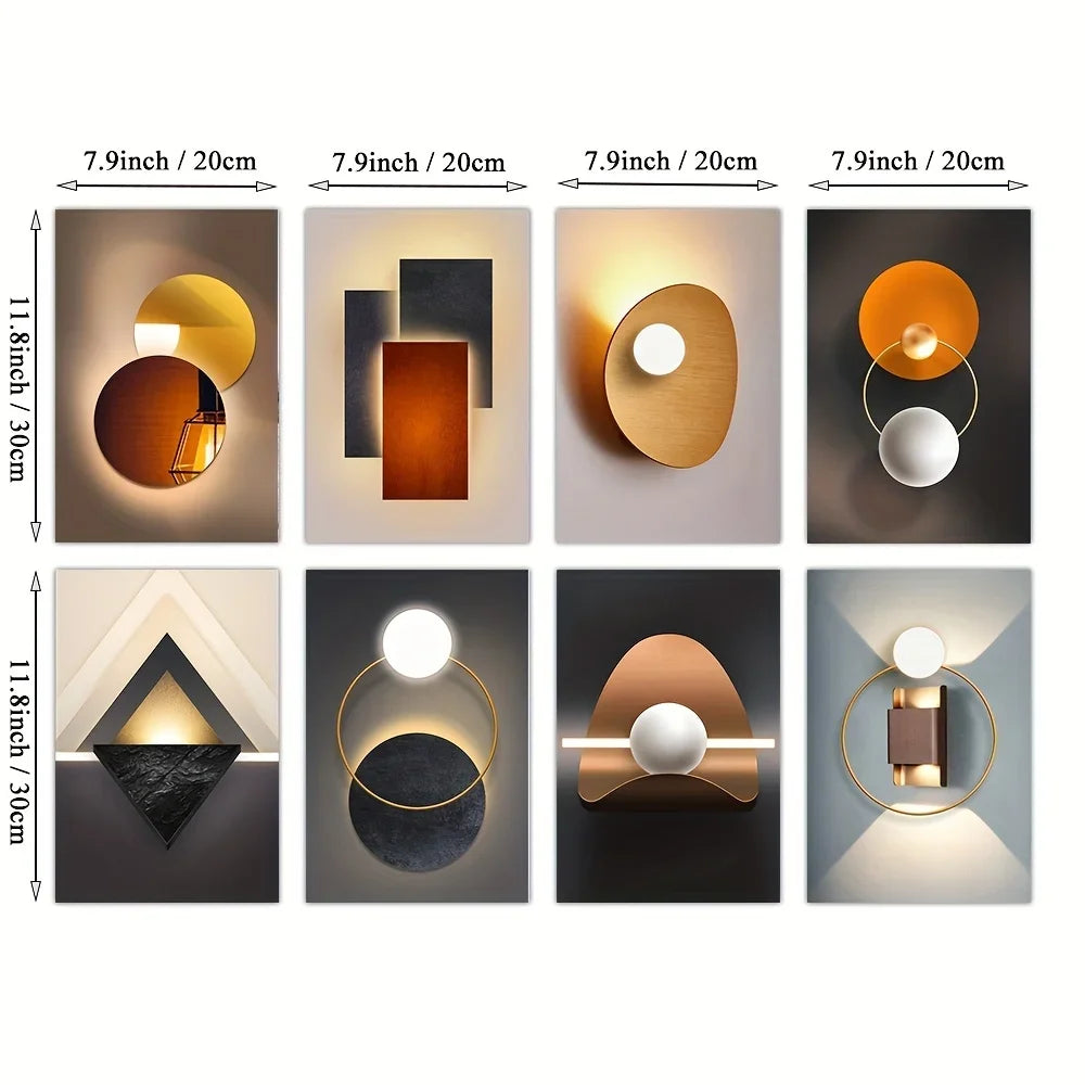 A collection of modern geometric canvas wall art featuring various shapes and metallic finishes.
