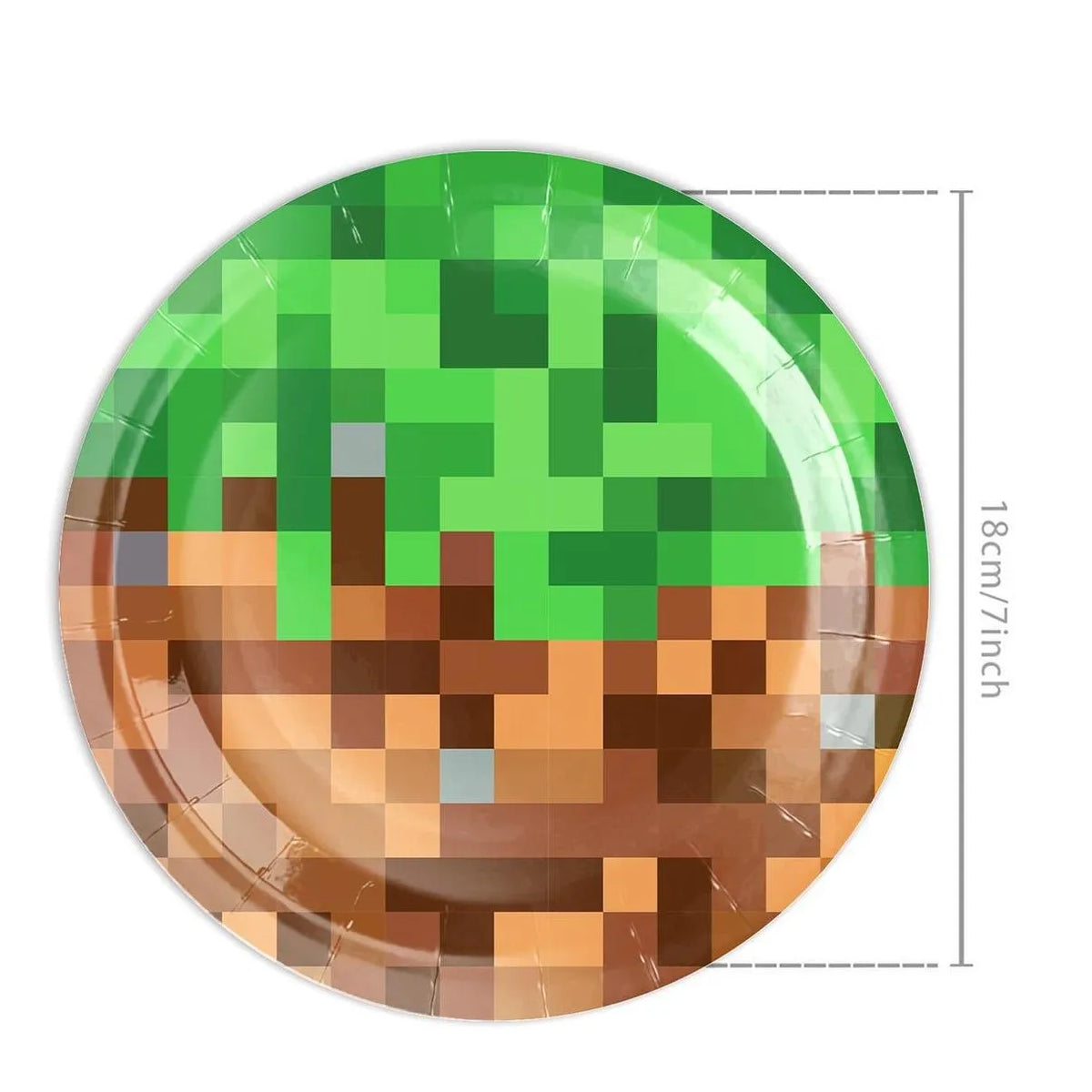 A green plate decorated with a pixelated terrain design, featuring brown and orange colors.