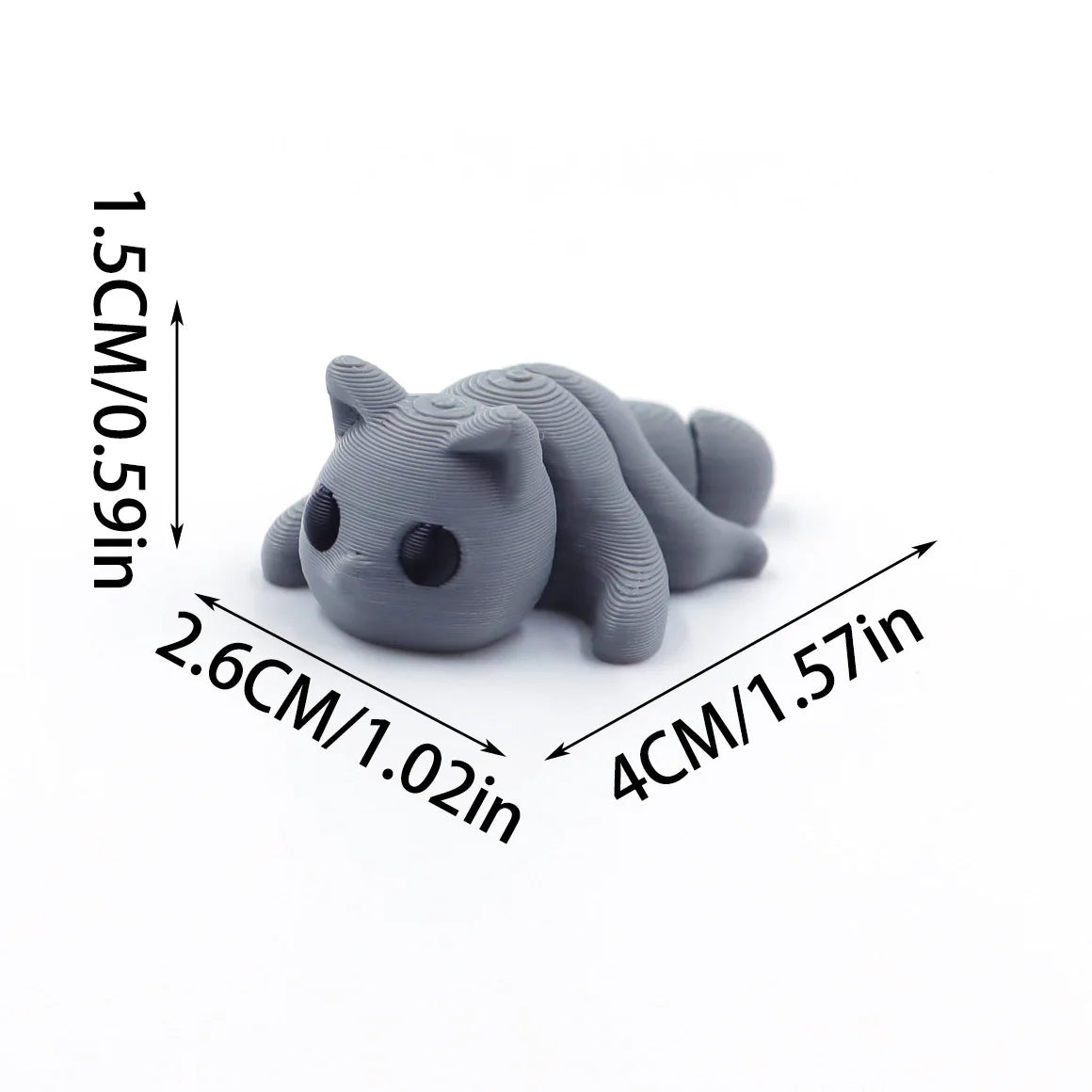 A gray 3D printed cartoon animal figurine resembling a cat, shown with dimensions.