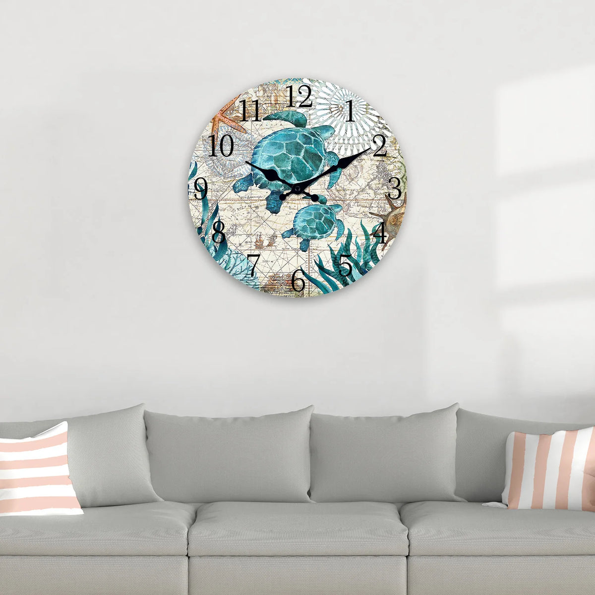 Round wall clock featuring a teal and brown sea turtle design on a rustic wooden background.
