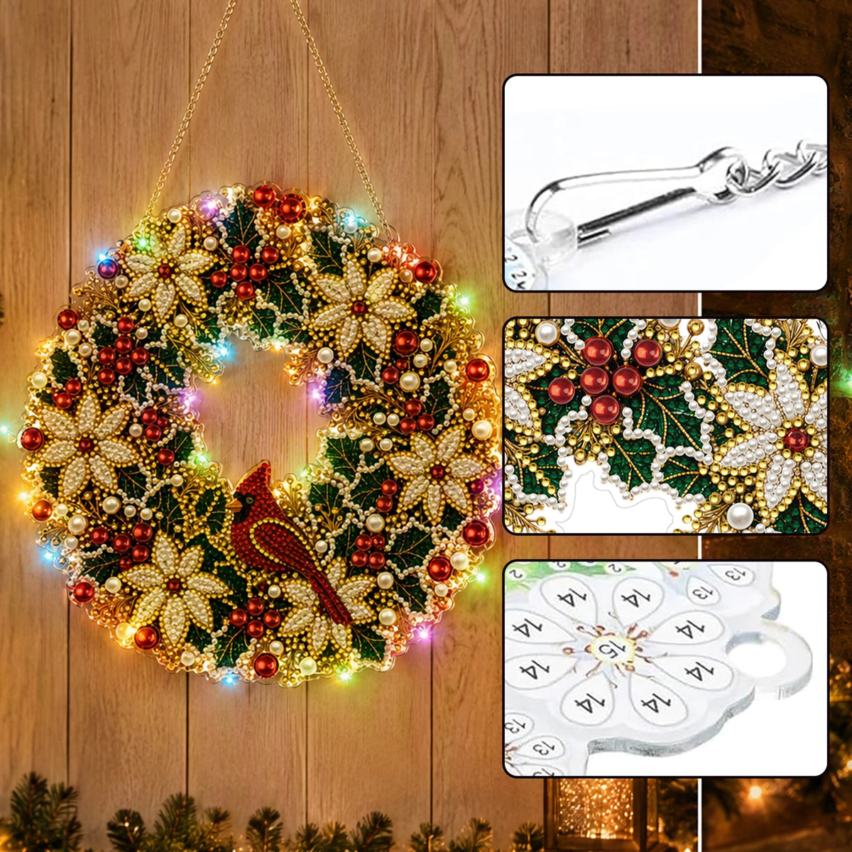 An LED-illuminated diamond painting wreath kit featuring a festive Christmas design with red berries and green foliage.