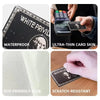 A collection of features for a debit card skin including waterproof, ultra-thin card skin, eco-friendly glue, and scratch-res