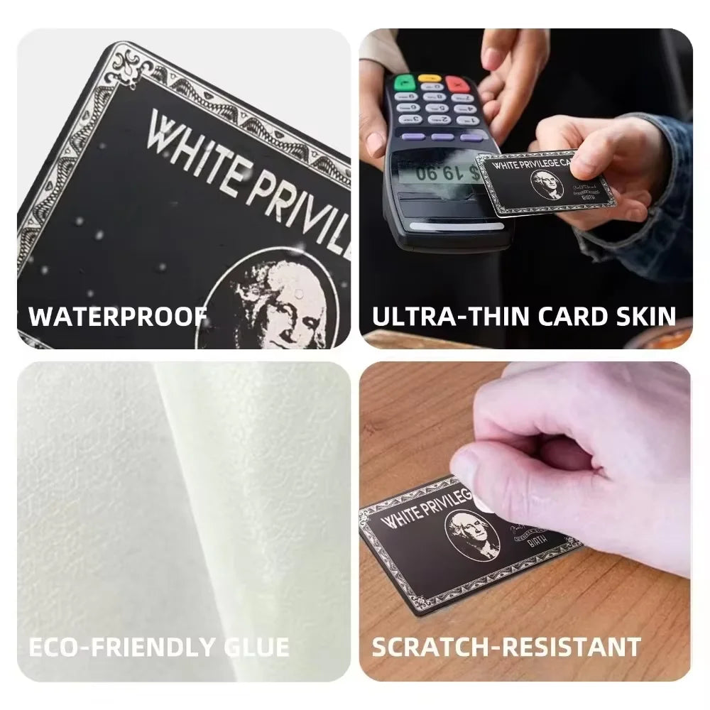 A collection of features for a debit card skin including waterproof, ultra-thin card skin, eco-friendly glue, and scratch-res