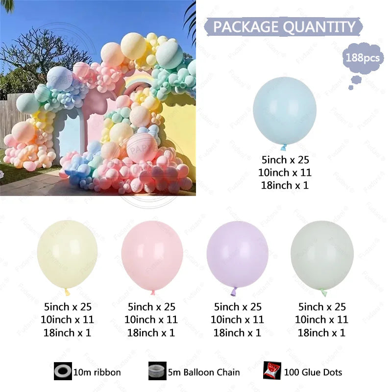 A kit for an 188-piece pastel balloon garland arch featuring various sized balloons and accessories.