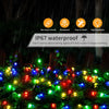 String lights are shown outdoors in the rain, demonstrating IP67 waterproof protection.