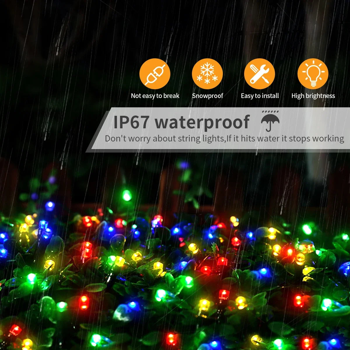 String lights are shown outdoors in the rain, demonstrating IP67 waterproof protection.