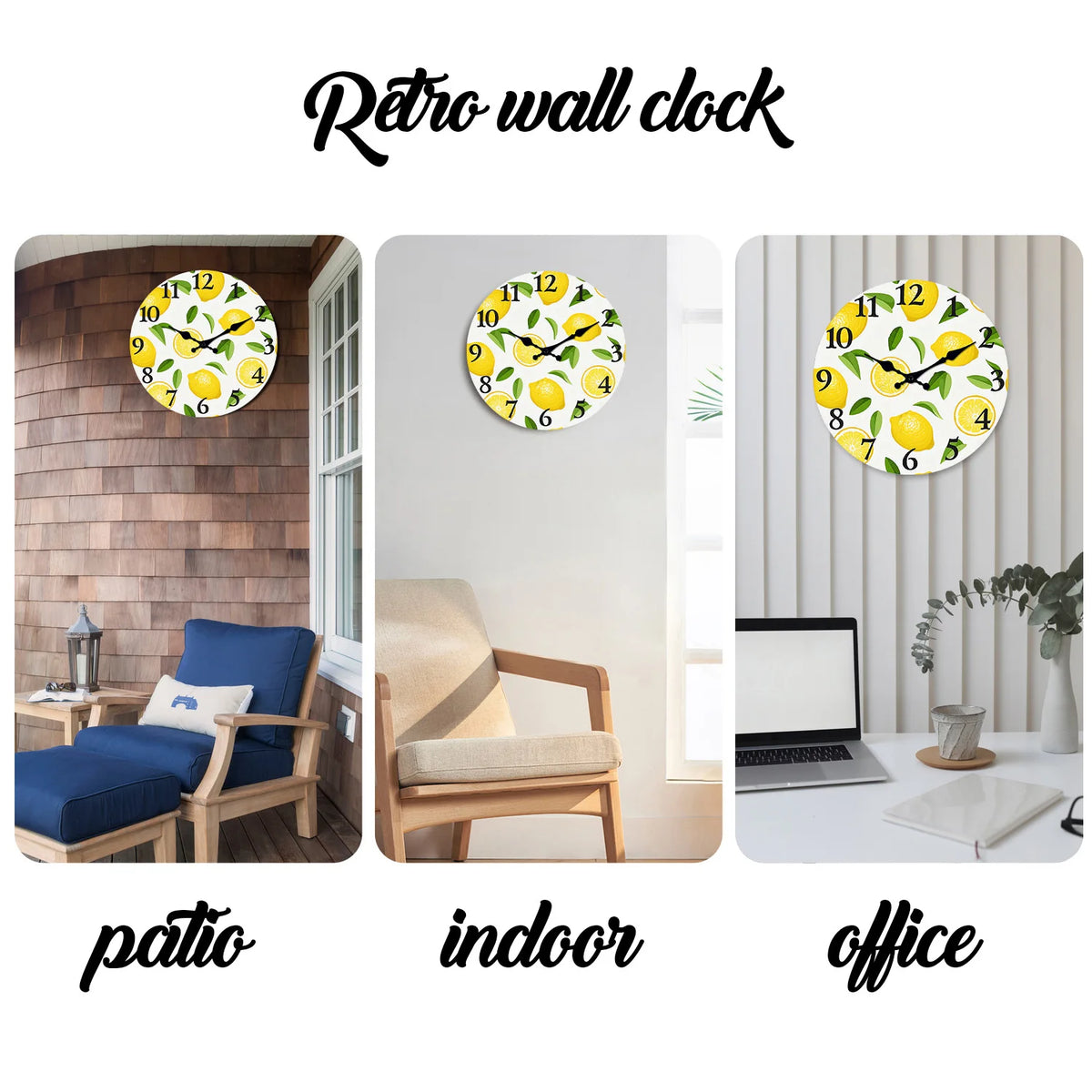 A yellow and green retro wall clock with a lemon design displayed in indoor, patio, and office settings.