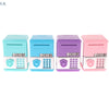 Four colorful mini piggy banks or money boxes in teal, blue, purple, and pink.