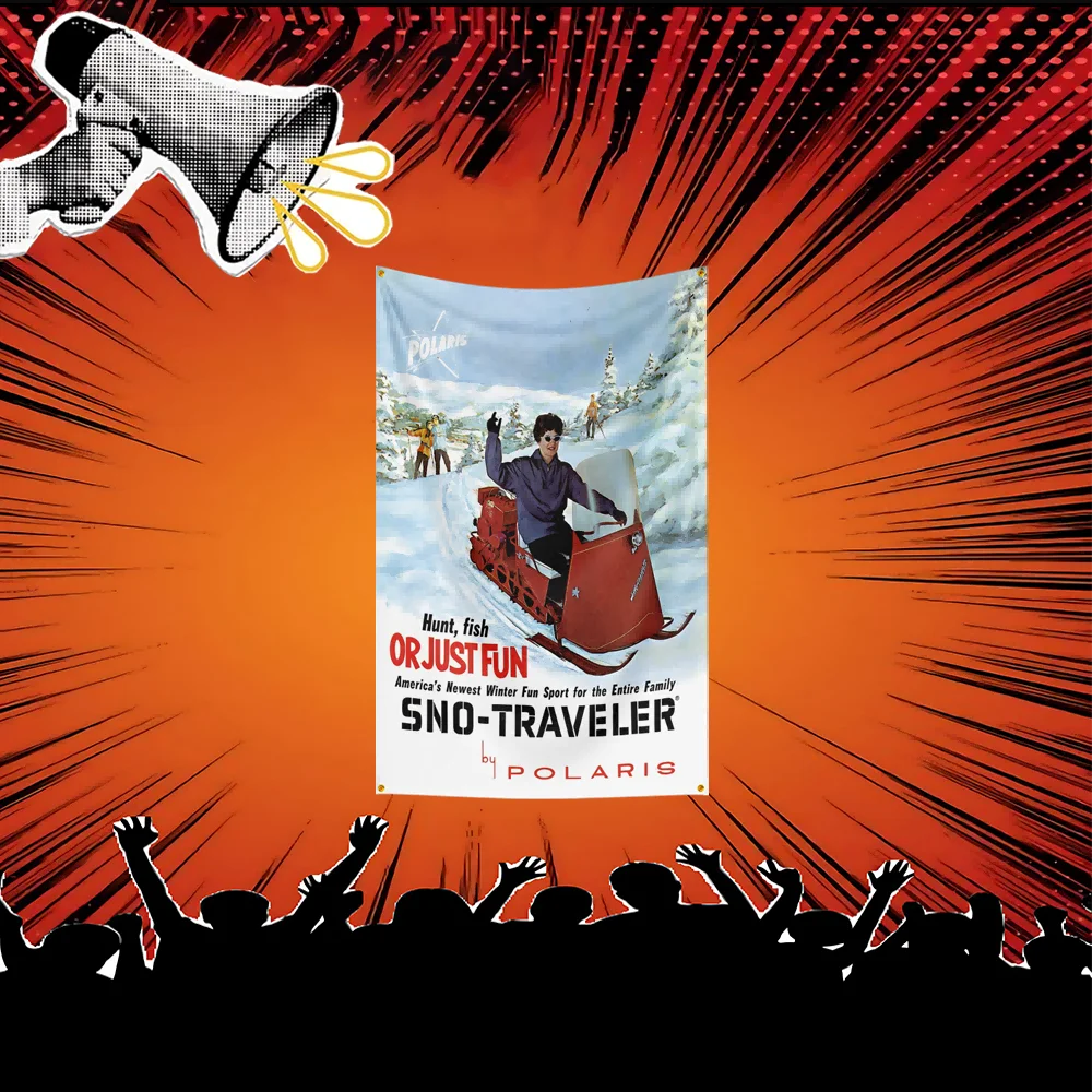 A banner featuring a man on a red motorcycle against a snowy background, promoting the Polaris Snow-Traveler.