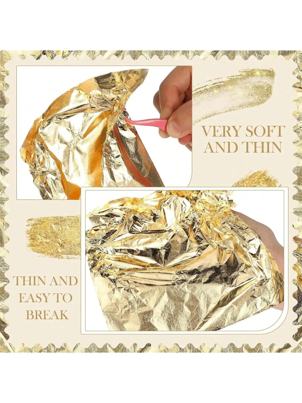 Close-up of edible gold leaf flakes being used for baking and cake decoration, showing the thin and soft texture.