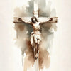 Watercolor painting of a crucified Jesus figure on a cross, rendered in sepia and muted tones.