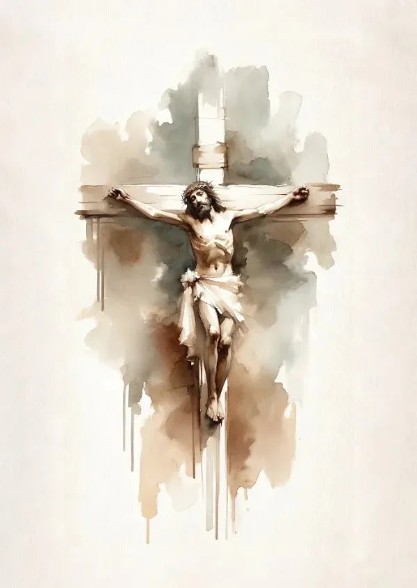 Watercolor painting of a crucified Jesus figure on a cross, rendered in sepia and muted tones.
