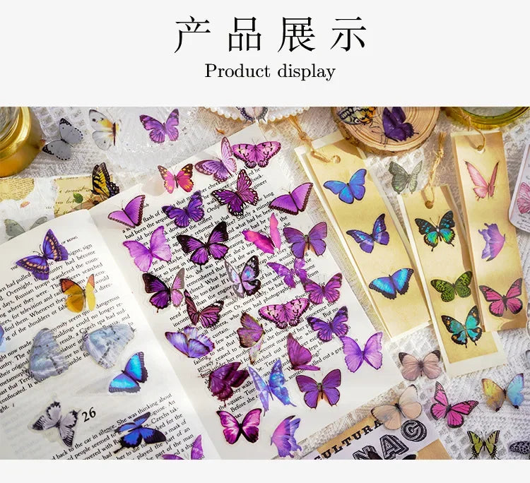A display of butterfly art collage stickers and craft materials for scrapbooking
