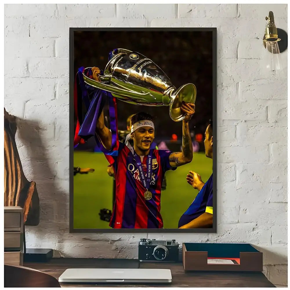 Wall art poster featuring a portrait of Neymar Jr celebrating a football victory.