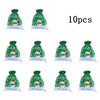 Ten reusable green and white Christmas drawstring gift bags featuring a snowflake design