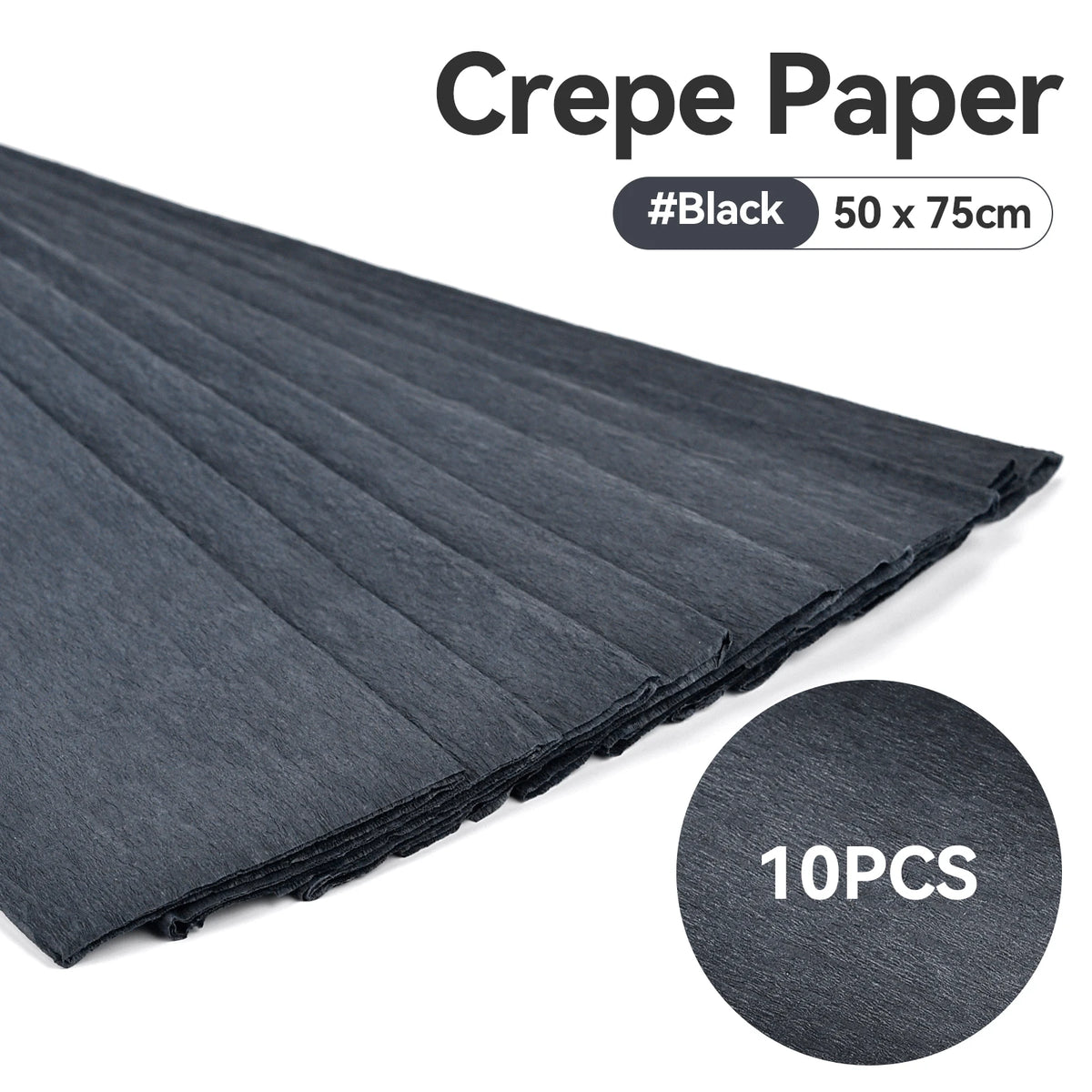 A stack of black crepe paper sheets, 50 x 75cm, shown in a diagonal view.