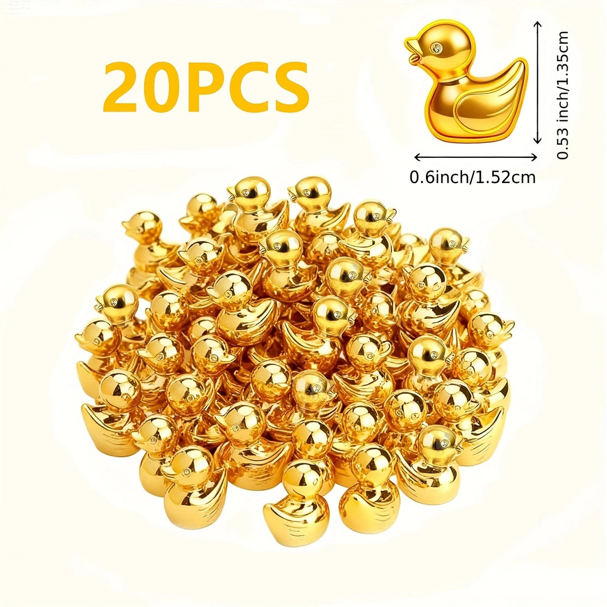 A pile of 20 gold miniature duck figurines used for crafts and decor.