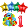 A set of colorful foil balloons and a red number balloon for a birthday party