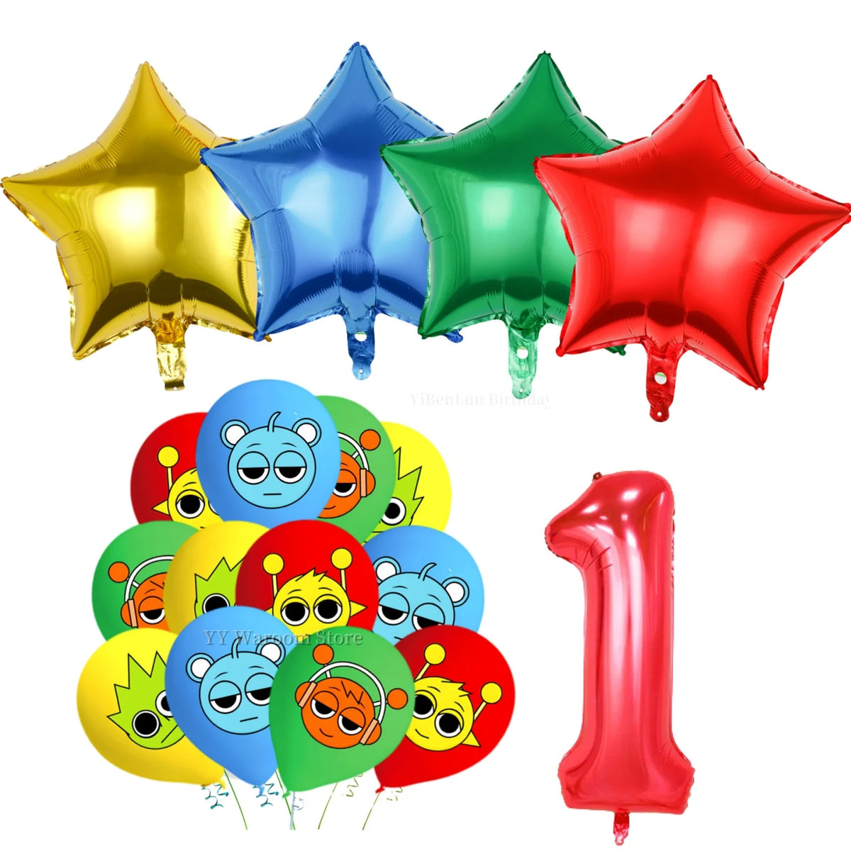 A set of colorful foil balloons and a red number balloon for a birthday party
