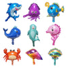 A set of foil balloons shaped like various ocean animals including a blue dolphin, purple squid, and pink jellyfish.