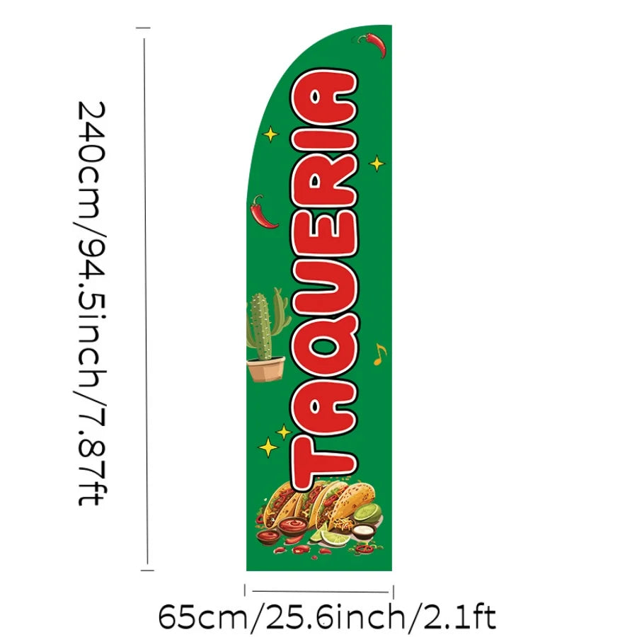 A vertical green feather flag advertising banner with the word TAQUERIA and illustrations of food items.