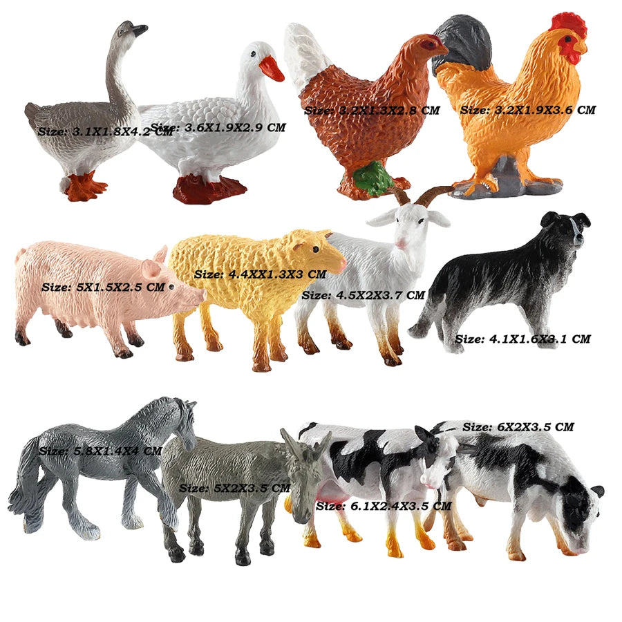 A set of 12 detailed PVC figurines depicting various farm animals including poultry and horses.