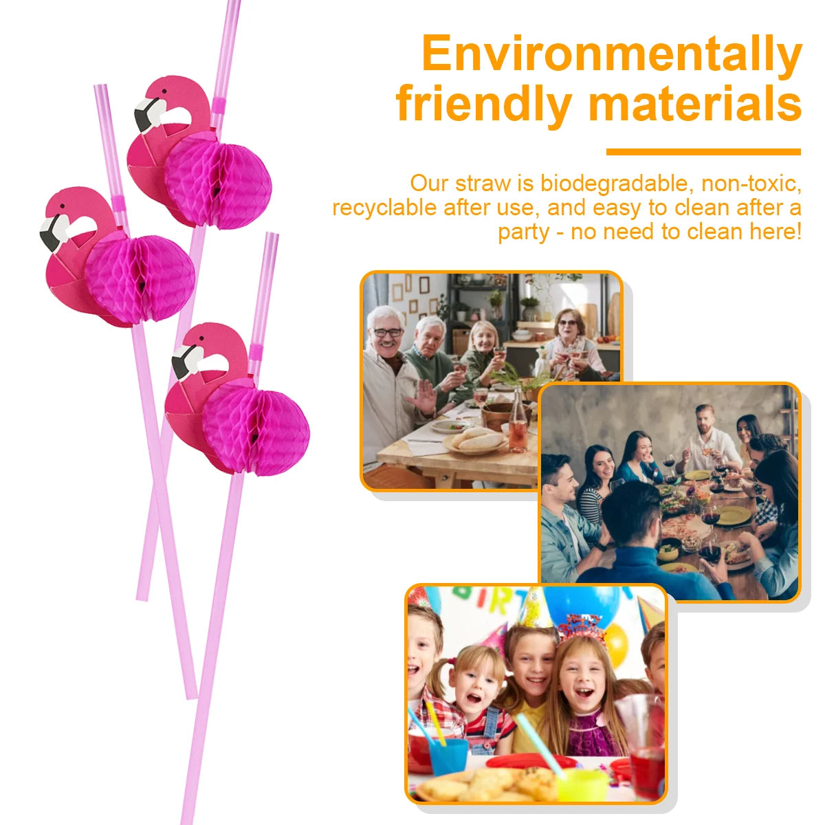 Pink 3D flamingo and pineapple paper straws displayed with text about environmentally friendly materials