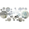 A collection of circular 3D mirror wall decals showing various reflections and textures.