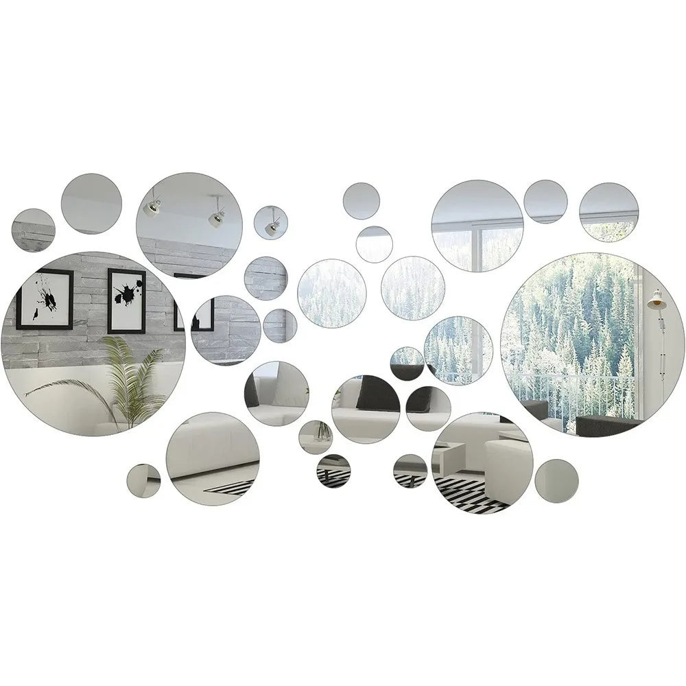 A collection of circular 3D mirror wall decals showing various reflections and textures.