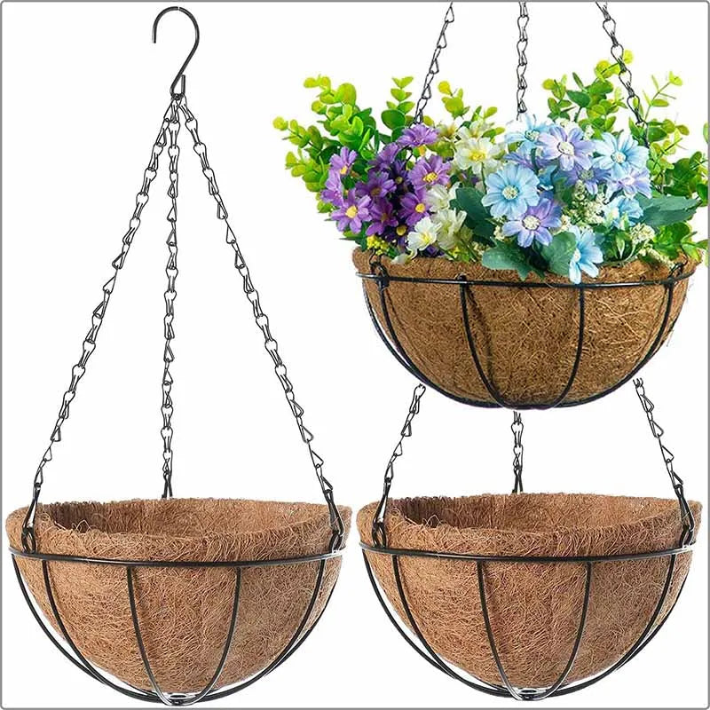 A metal hanging basket with a coconut fiber liner filled with colorful flowering plants.