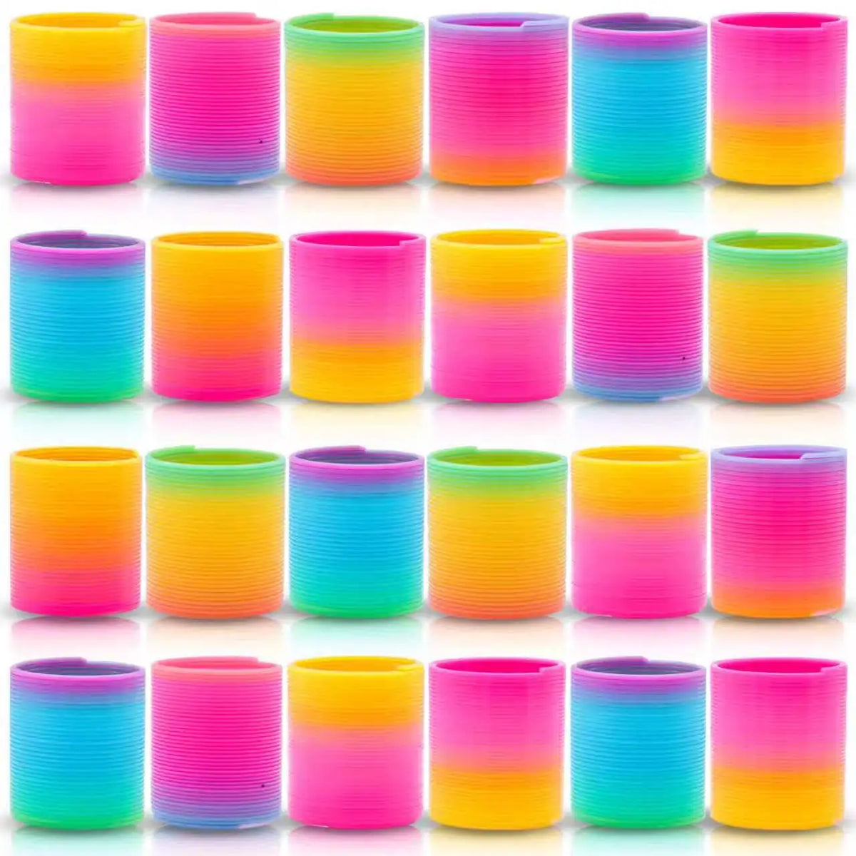 A collection of colorful, neon-striped party favors in various shades of pink, yellow, blue, and green.