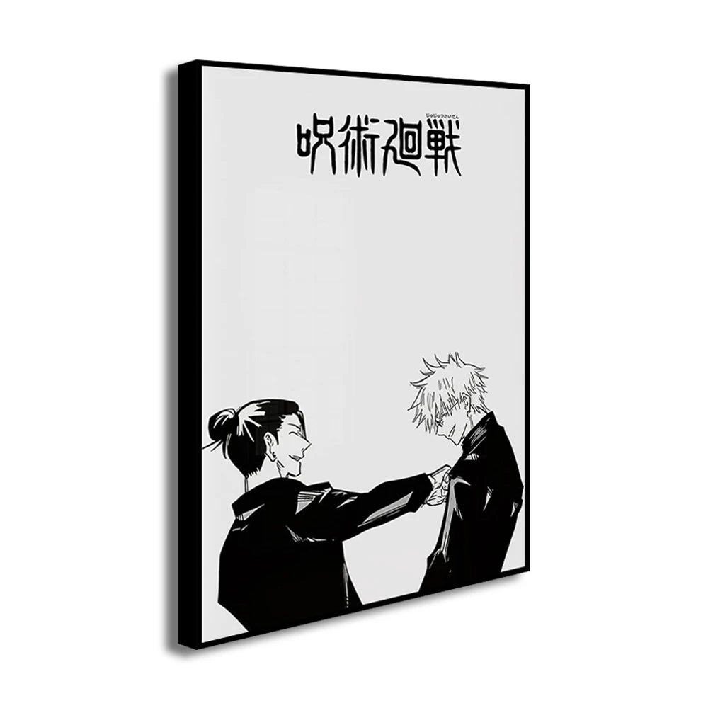 Arte de pared de lienzo anime blanco y negro con silueta de personaje.