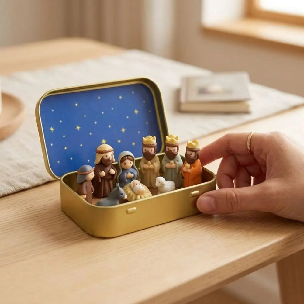 A hand holds an open gold tin box containing a miniature nativity scene with painted figures and a blue starry background.