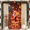 Christmas Santa and Elk Door Cover Banner featuring a festive Santa Claus figure in a warm, glowing scene.